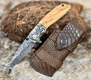 Vertex Damascus Pattern Pocket Knife with Exotic Olive Wood Handle