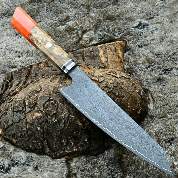 Aurora Japanese Chef Knife with Exotic Olive Burl Wood & Resin Composite Handle
