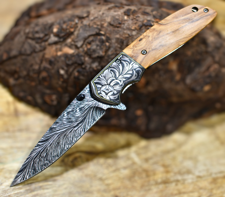 Vertex Damascus Pattern Pocket Knife with Exotic Olive Wood Handle