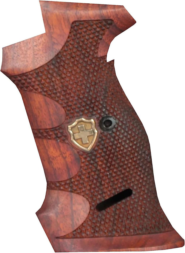 Sig P210 Wooden Target Grips, Walnut Wood Red Gun Gold Metal Grips