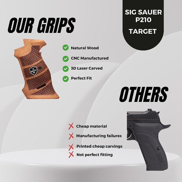 Sig P210 Wooden Target Grips, Enamel Cross Logo, Walnut Wood Gun Silver Metal Grips