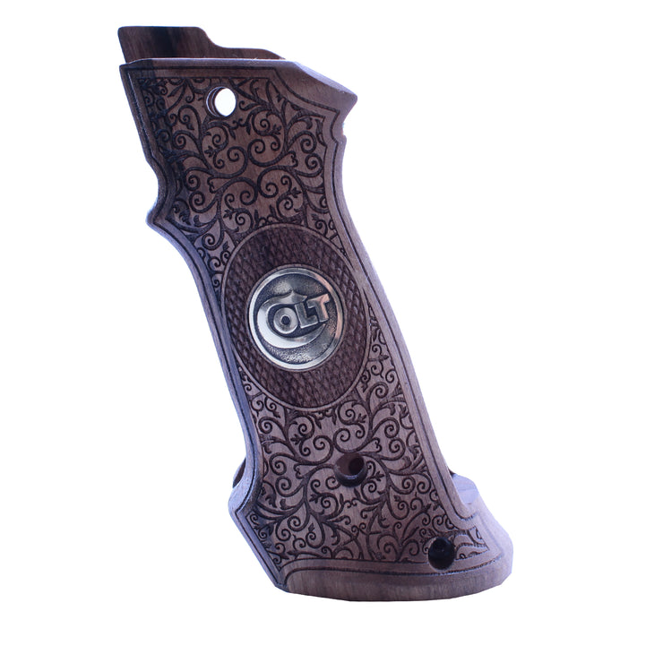 Colt 1911 Grips, Full Size Walnut Wood, Colt Professional Target Silver Metal Gungrip