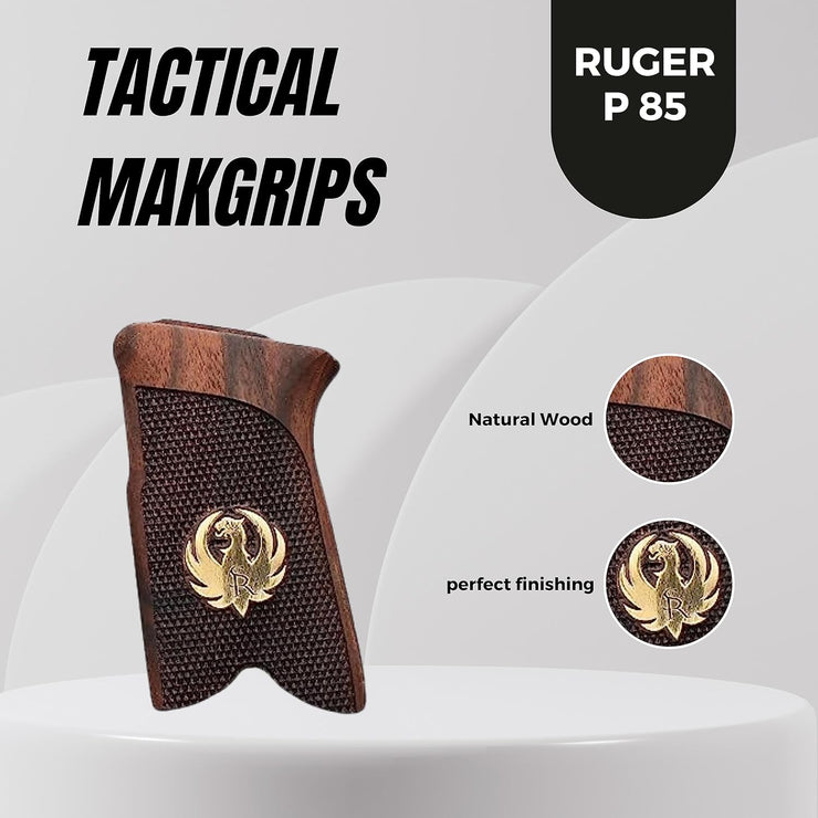 Ruger P85 Gun Grips, Wooden Gun Gold Metal Grips