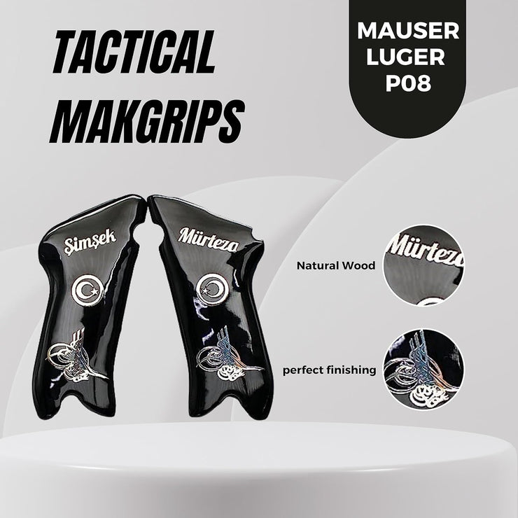 Mauser Luger P08 Gun Grips, Wooden Acrylic  Silver Metal Grips