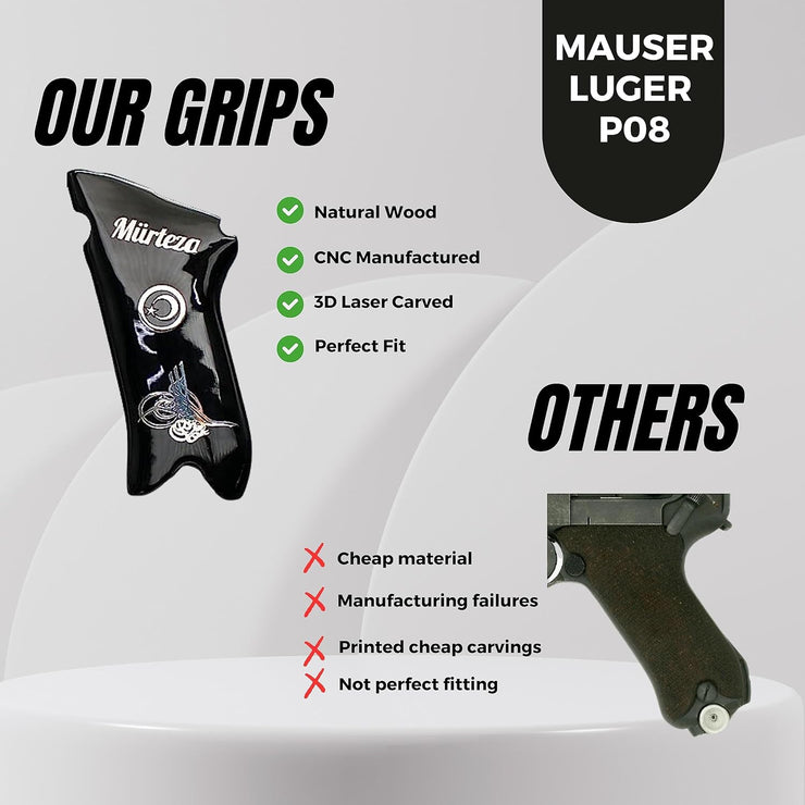 Mauser Luger P08 Gun Grips, Wooden Acrylic  Silver Metal Grips