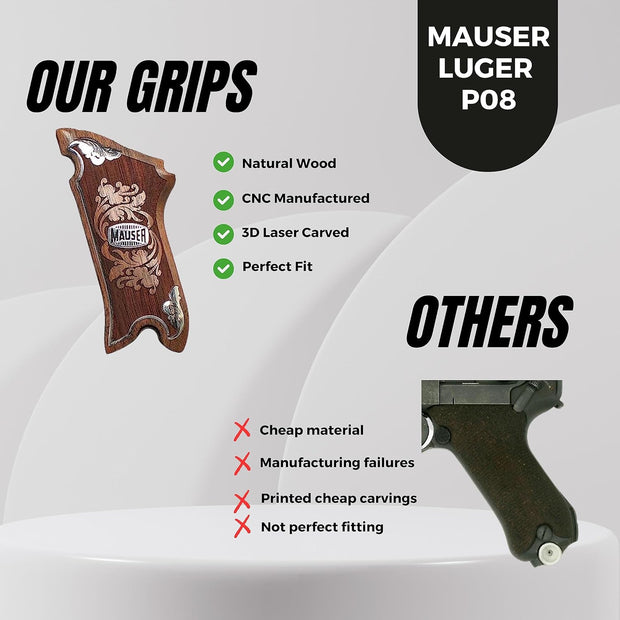 Mauser Luger P08 Gun Grips Wooden Gold Metal