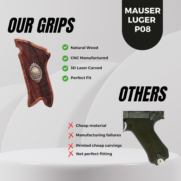 Mauser Luger P08 Gun Grips, Wooden Gold Metal Grips