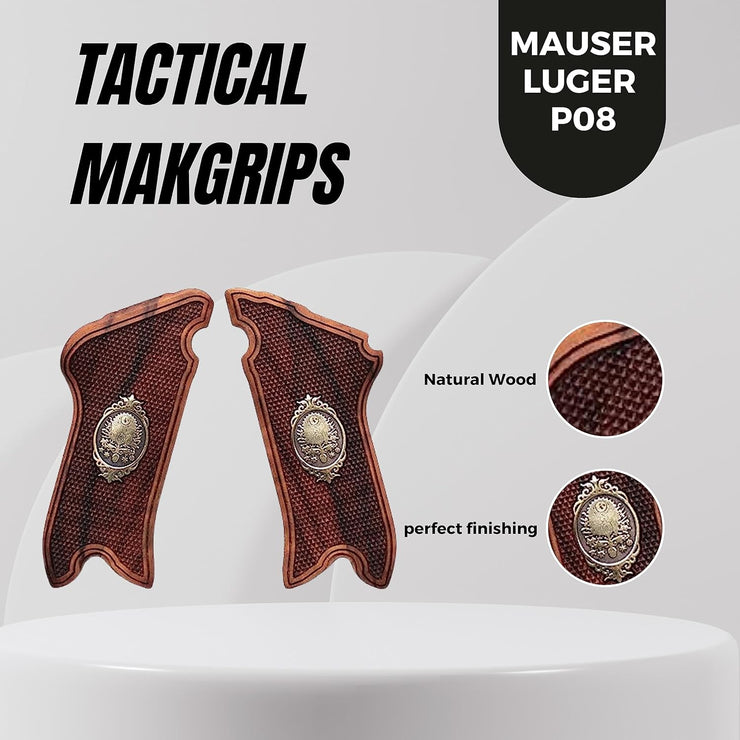 Mauser Luger P08 Gun Grips, Wooden Gold Metal Grips