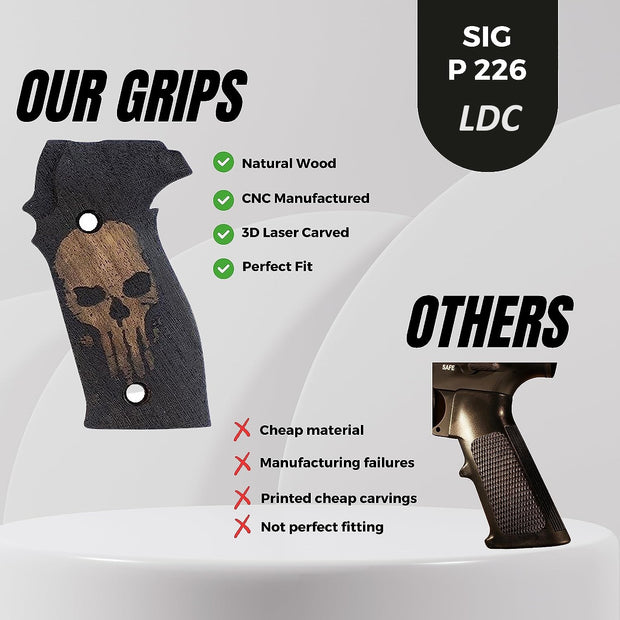 Sig Sauer P226 LDC II and LDC 2 Walnut Wood Grips Punisher Laser Gravür