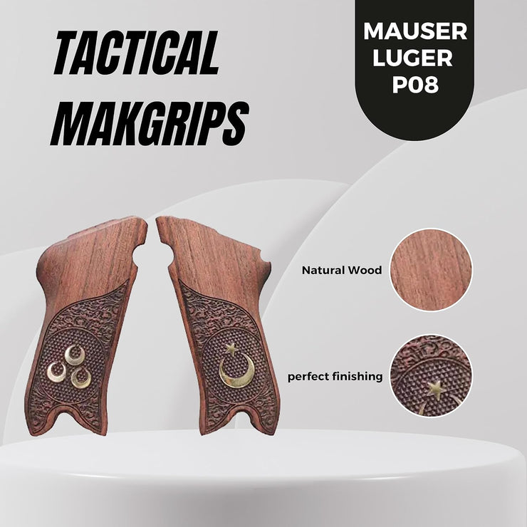 Mauser Luger P08 Gun Grips, Wooden Gold Metal Grips