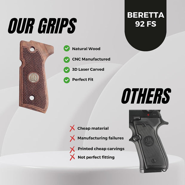 Beretta 92fs grips 3D Laser Engraved Walnut Wood Gungrip Gold Metal