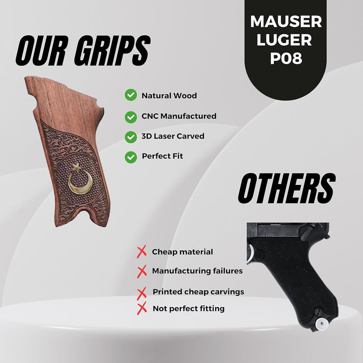 Mauser Luger P08 Gun Grips, Wooden Gold Metal Grips