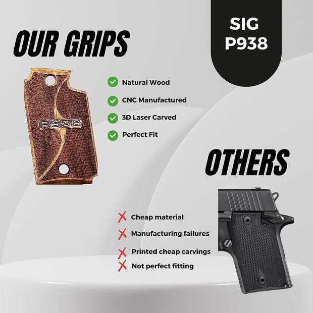 Sig Sauer P938 Grips, P938 Grips, Walnut Wood Gun Silver Metal Grips