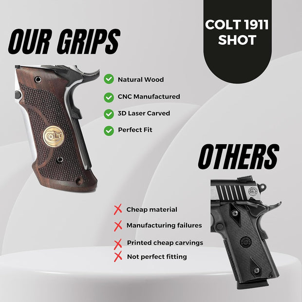 Colt 1911 Grips, Full Size Walnut Wood, Colt Professional Target Gold Metal Gungrip