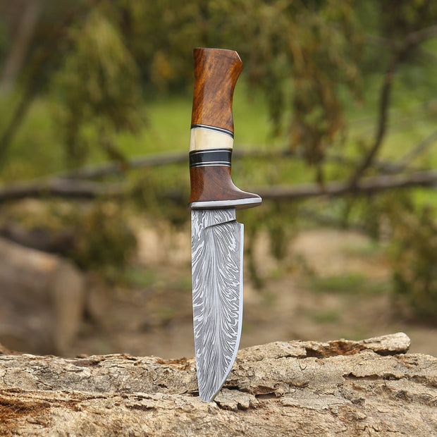 Annihilator Custom Feather Damascus Hunting Knife with Exotic Rose Wood Handle