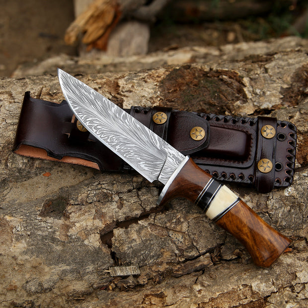 Annihilator Custom Feather Damascus Hunting Knife with Exotic Rose Wood Handle