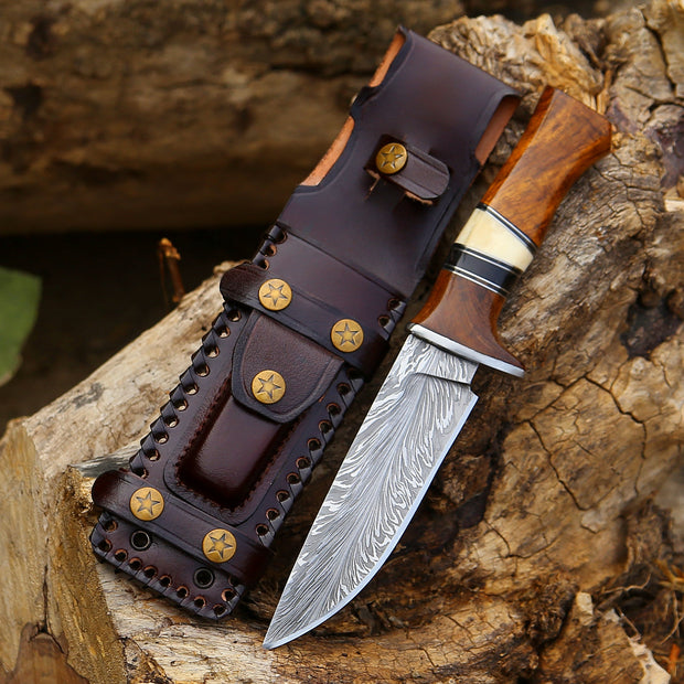 Annihilator Custom Feather Damascus Hunting Knife with Exotic Rose Wood Handle