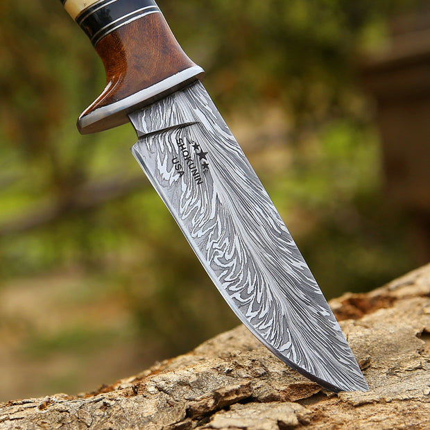 Annihilator Custom Feather Damascus Hunting Knife with Exotic Rose Wood Handle