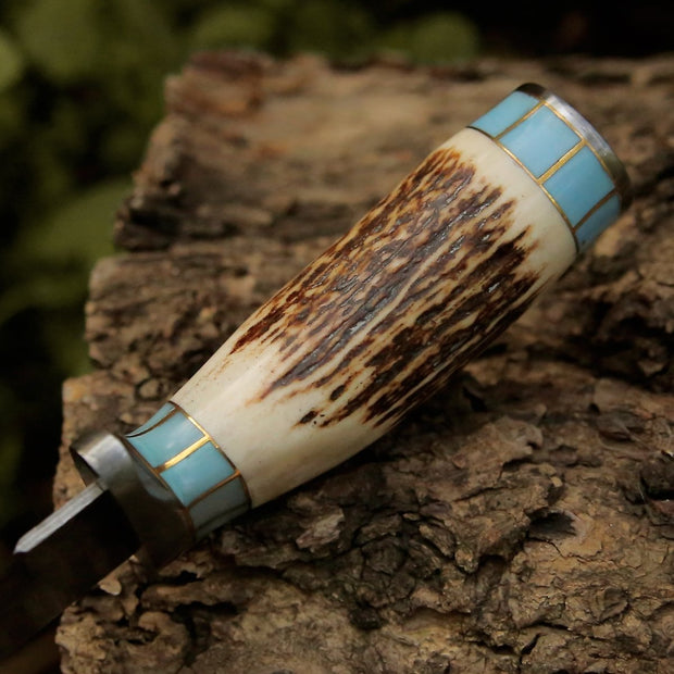 Viral Bull Nose Hunting Knife with Antler & Turquoise Handle
